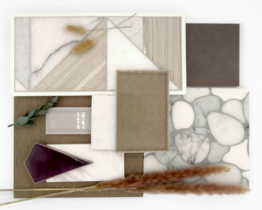 DesignConcept1.1_Feb2024 design concept 1 winter 2024 flatlay image white, beige and purple color scheme