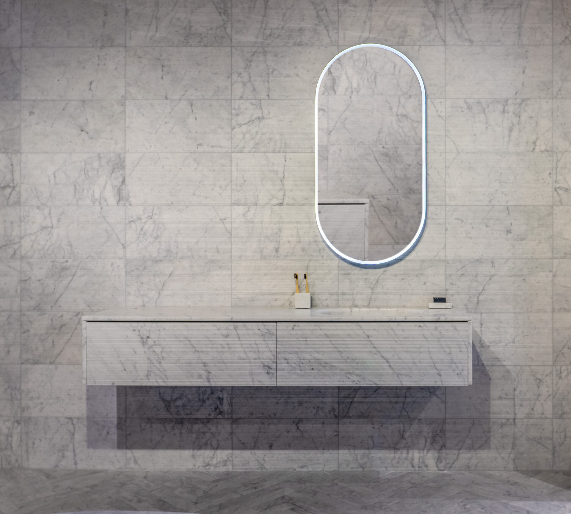 Decorative Materials Denver tile showroom Salvatori Bamboo Carrara vignette install